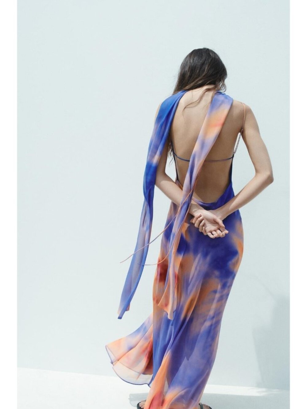 Zara Women Printed Long Dress Size XS Orange Blue Tie-Dye Open Back 8221/119 NWT - Picture 3 of 14